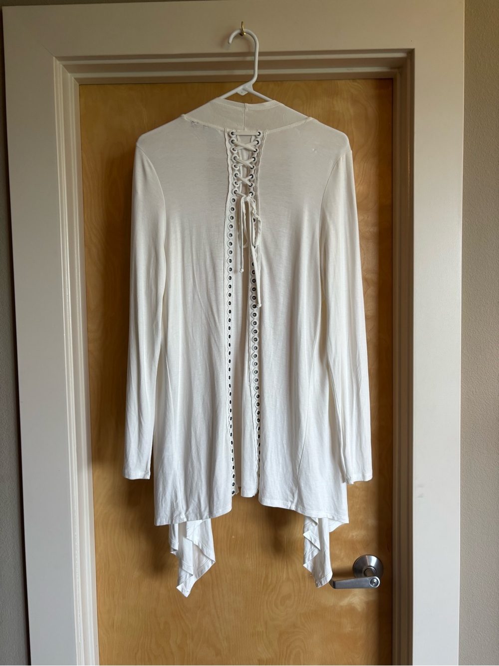 Strazzi (Maurices) Lace Back Waterfall Open Front Cardigan, Size L